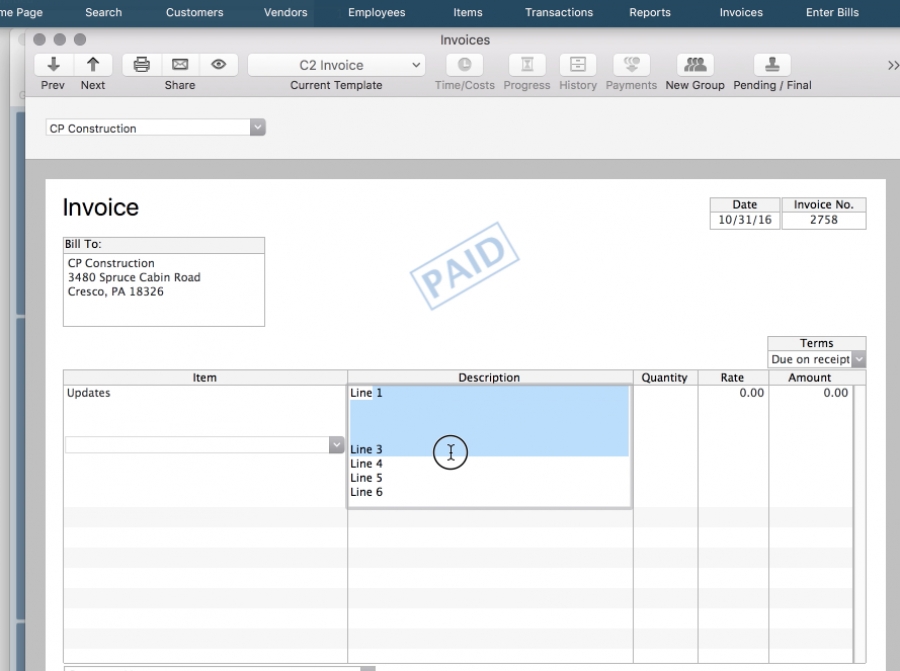 Solution Printing Multiple Lines of Text on Quickbooks 20152016 Invoice