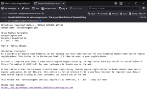 Domain Notification for yourcompany.com: This is your Final Notice of Domain Listing