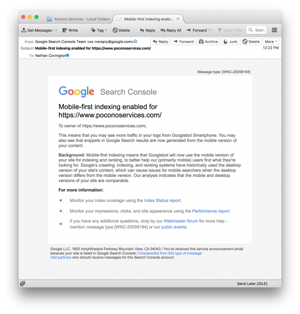 Receive this email From Google: &#039;Mobile-first indexing enabled for yoursite.com&#039;?