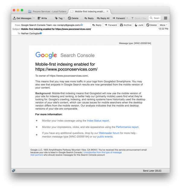 Receive this email From Google: 'Mobile-first indexing enabled for yoursite.com'?