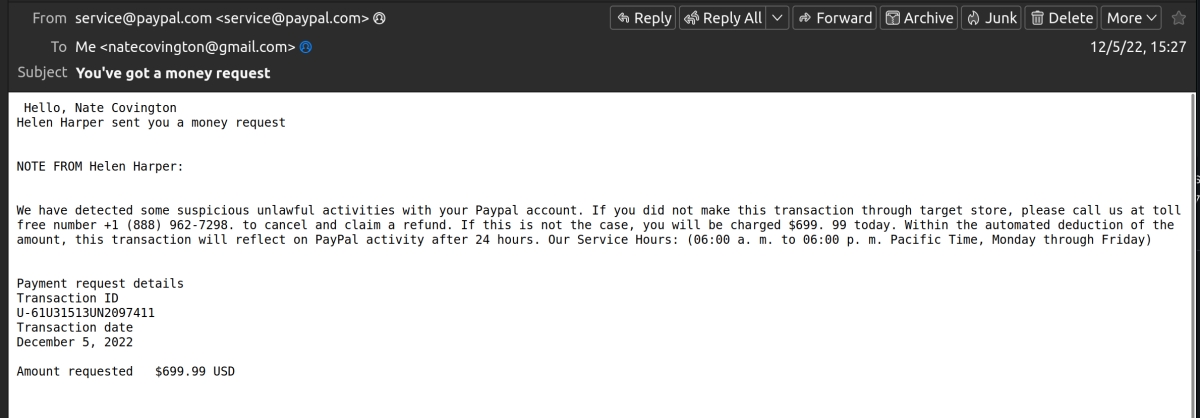 Scam: &quot;We have detected some suspicious unlawful activities with your Paypal account.&quot;